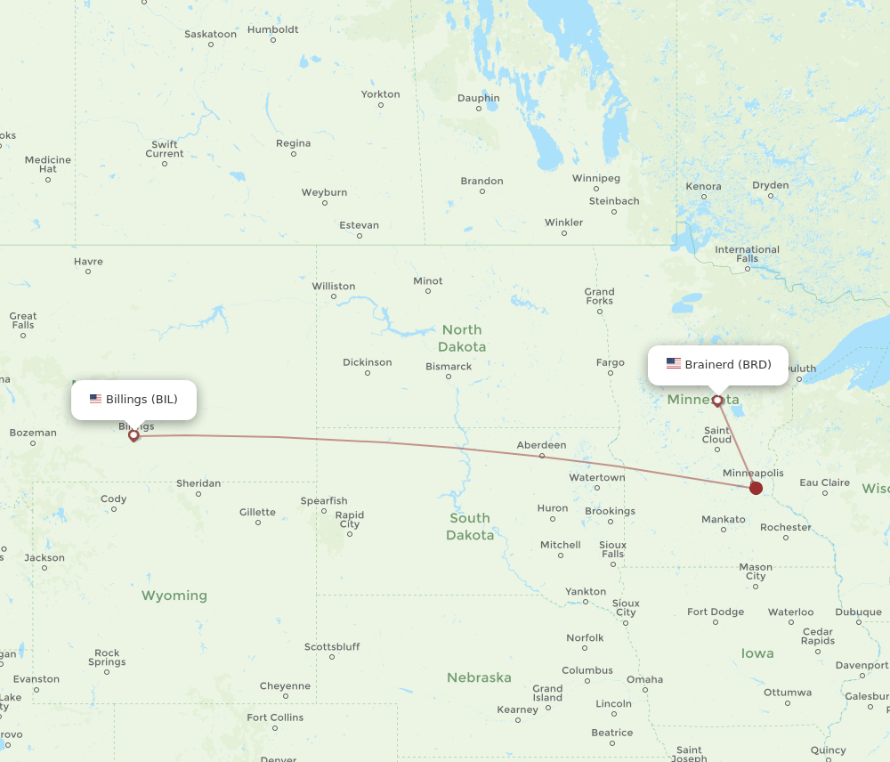 BRD to BIL flights and routes map