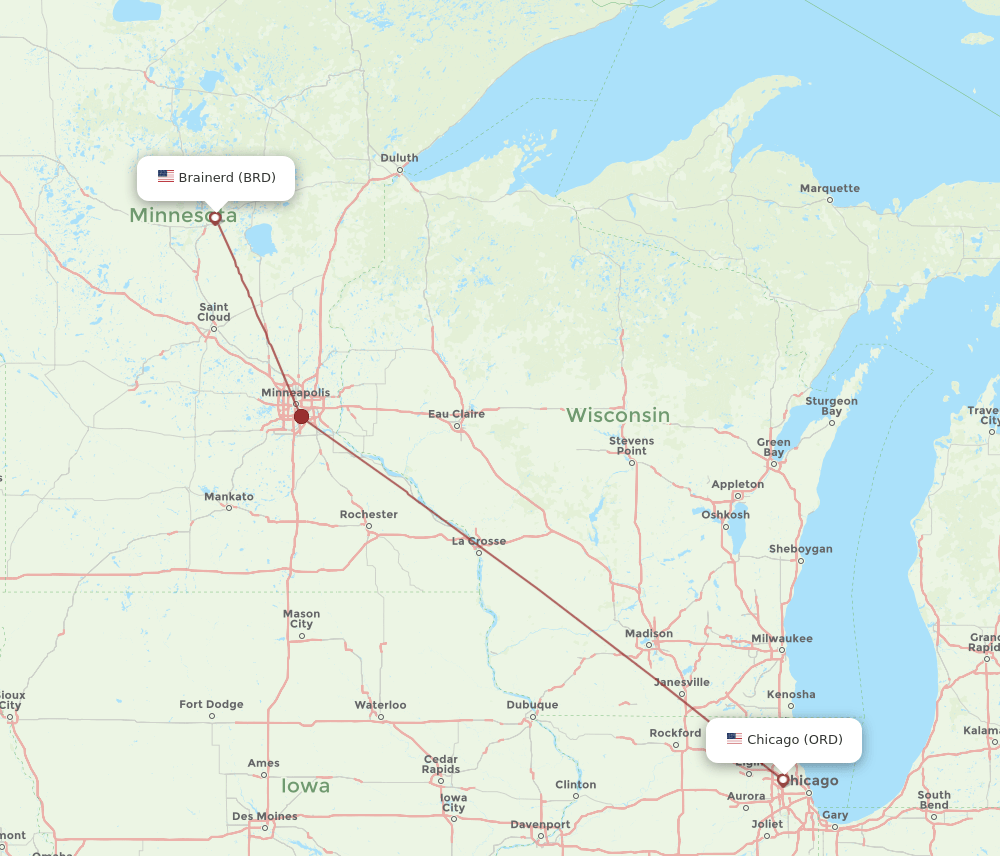 BRD to ORD flights and routes map