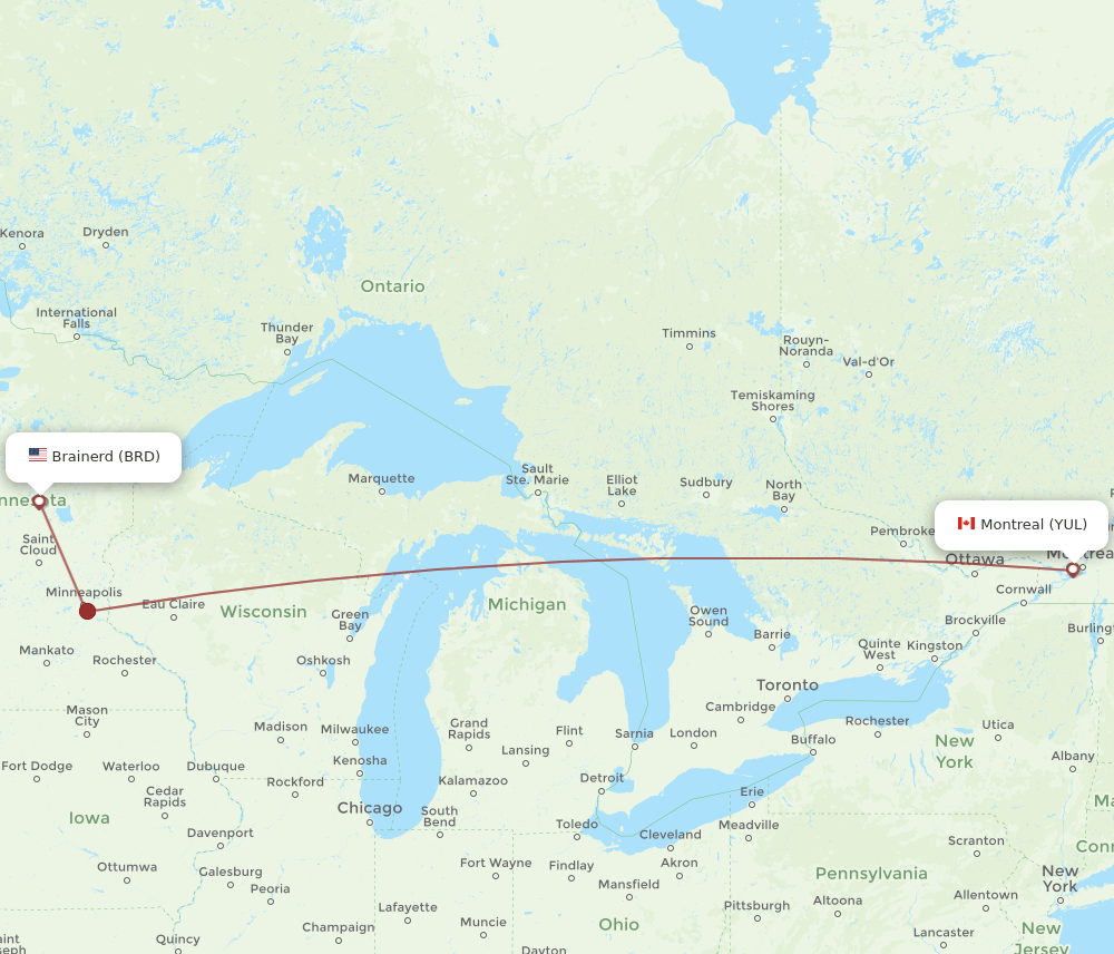 BRD-YUL flight routes