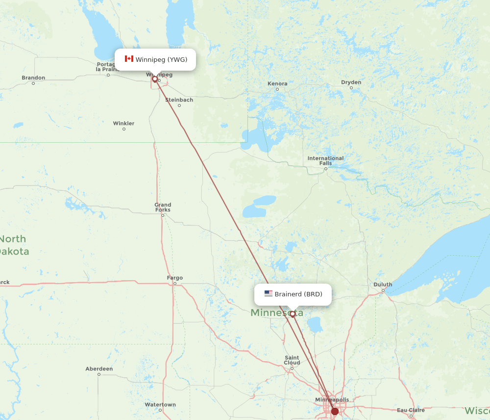 BRD to YWG flights and routes map