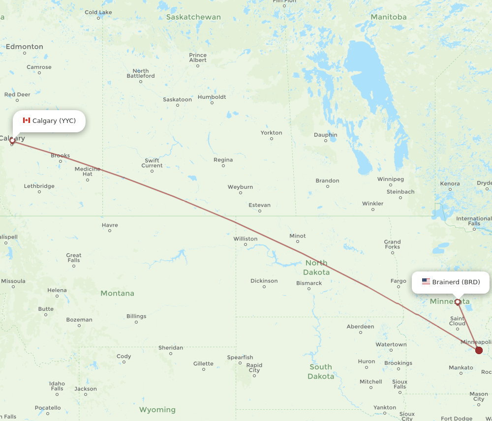BRD to YYC flights and routes map