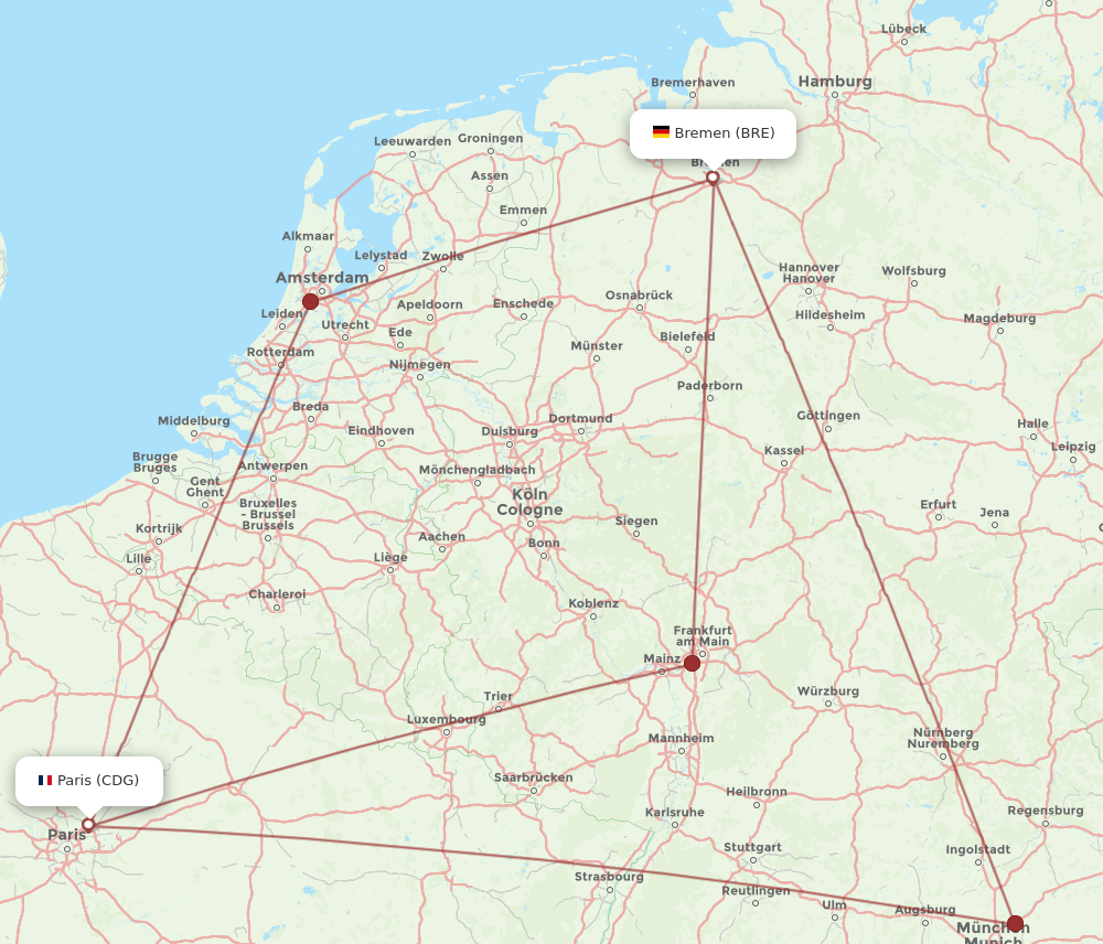BRE to CDG flights and routes map