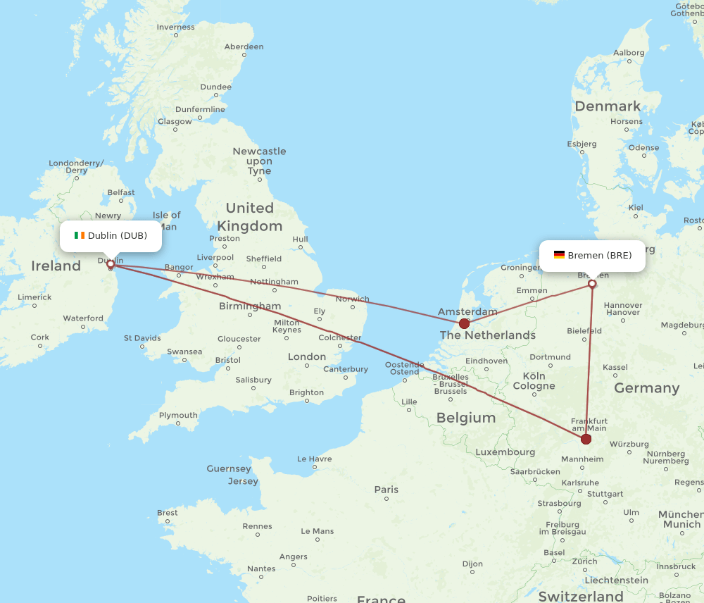 BRE to DUB flights and routes map