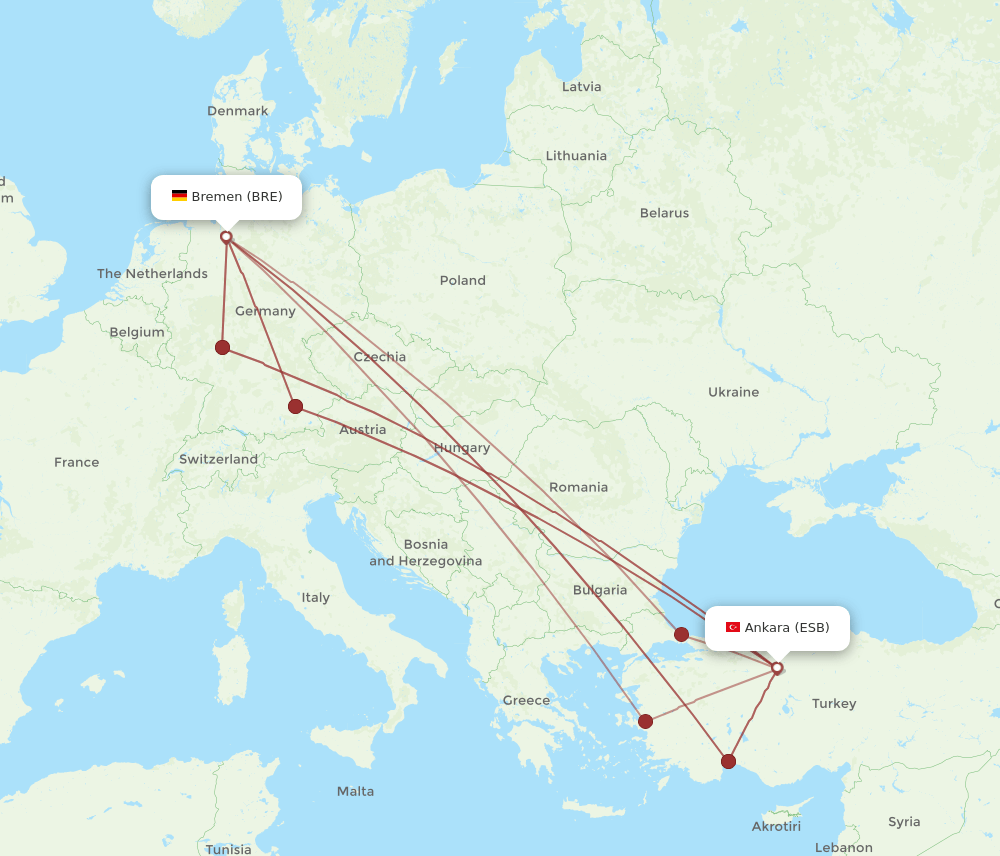 BRE to ESB flights and routes map