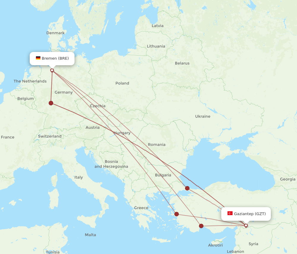 BRE to GZT flights and routes map