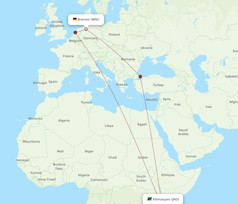 Kilimanjaro - Bremen route map and flight paths
