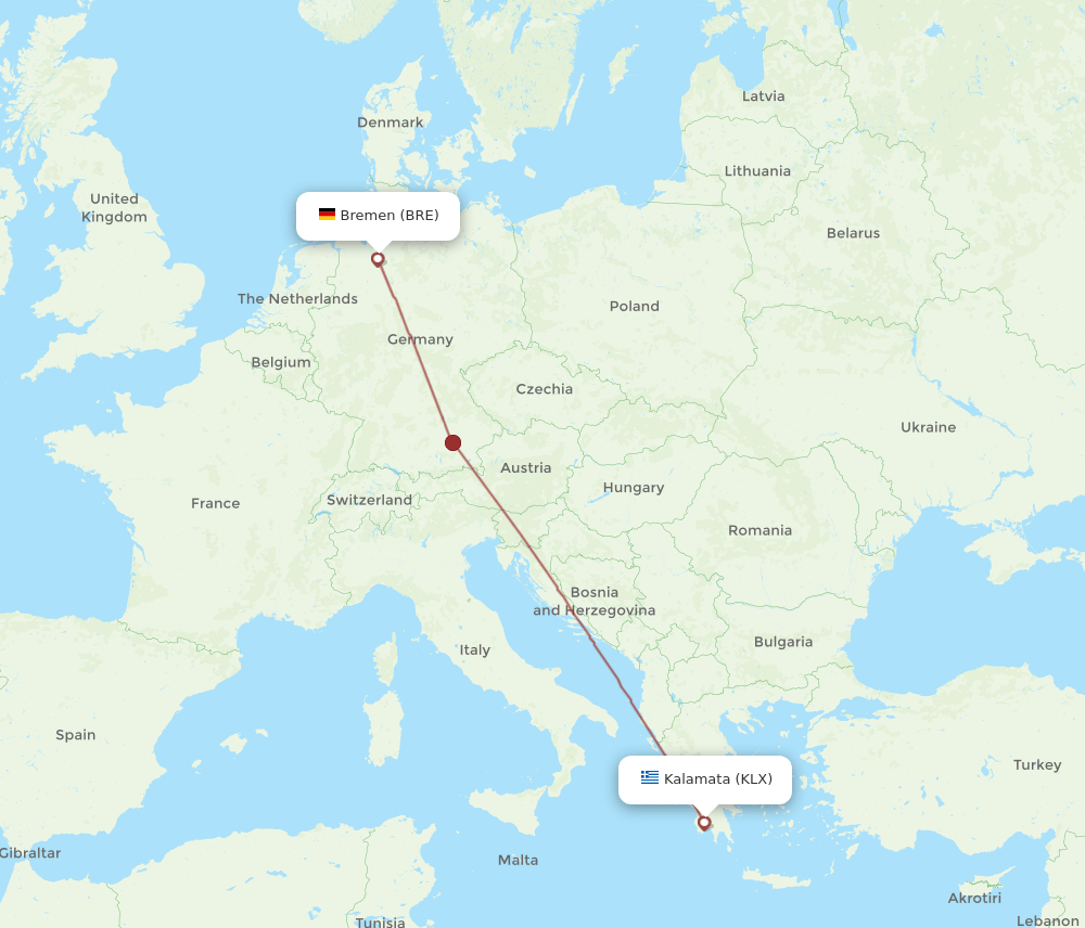 BRE to KLX flights and routes map