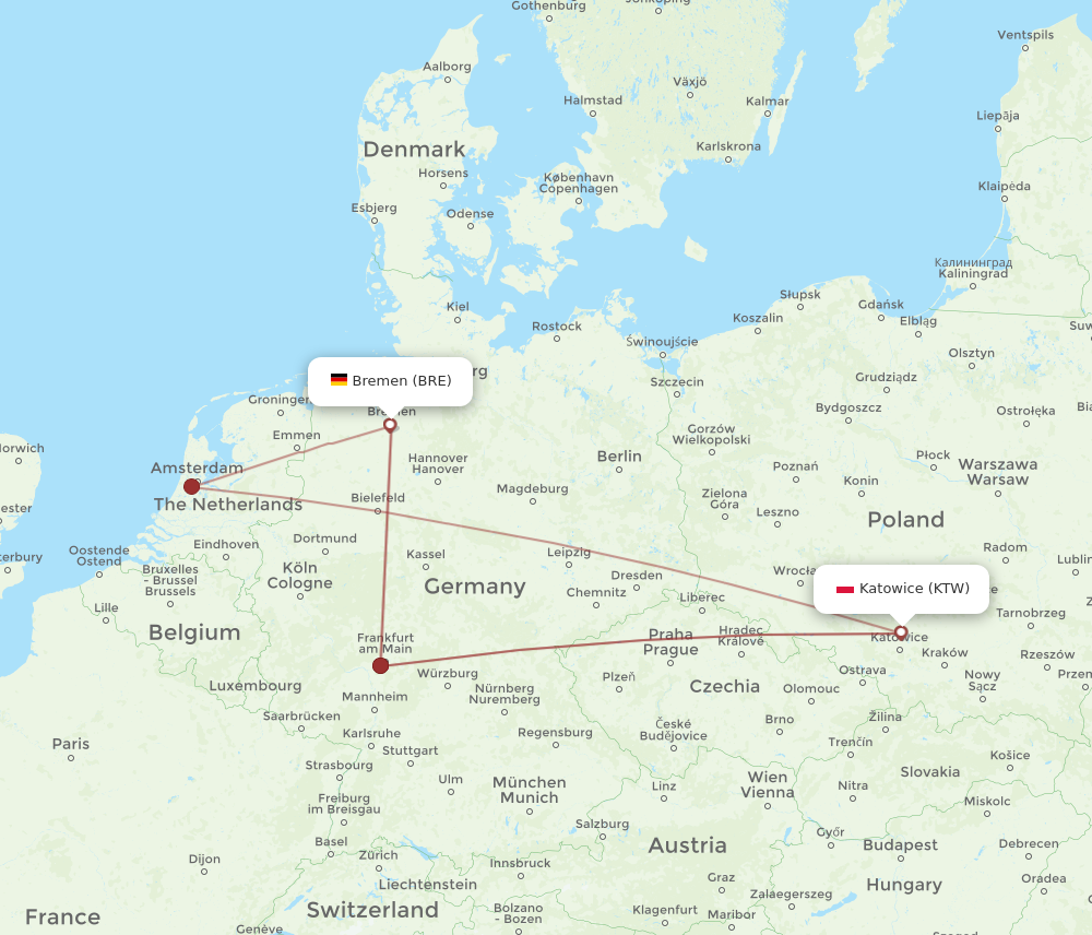 BRE to KTW flights and routes map