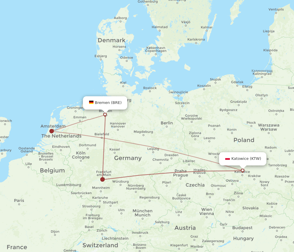 BRE to KTW flights and routes map