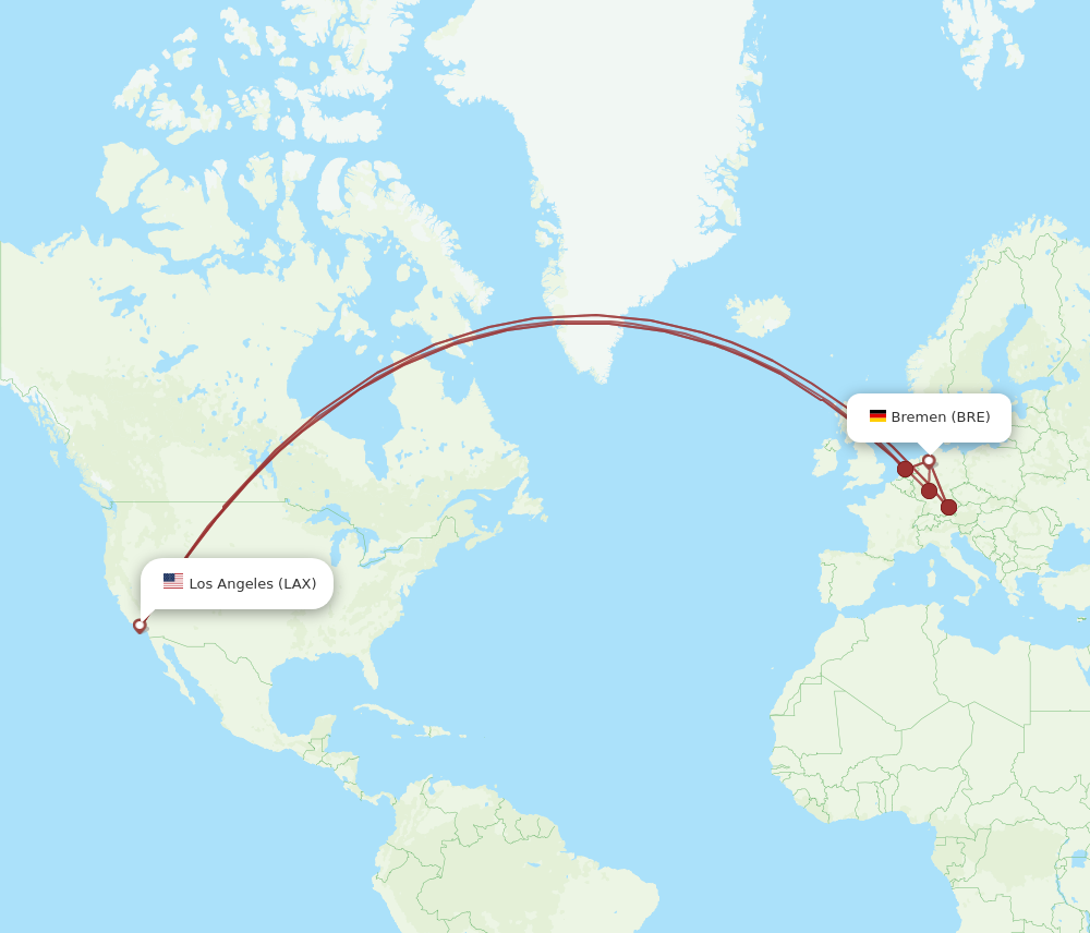 BRE to LAX flights and routes map