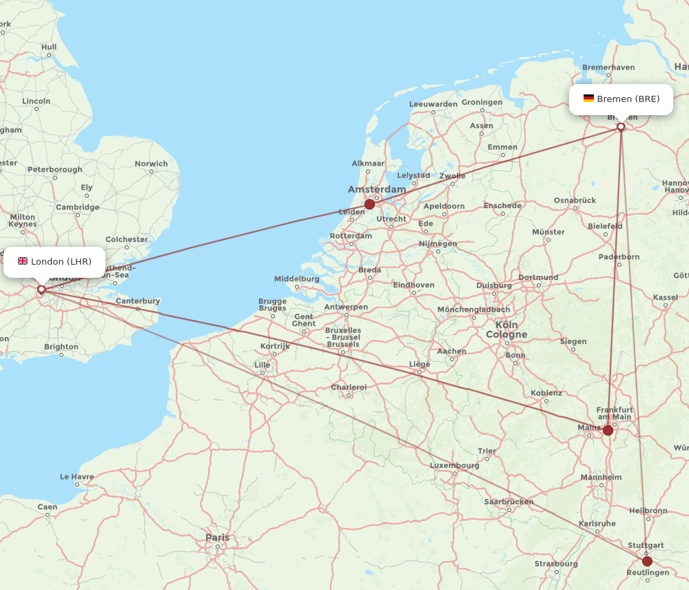 BRE to LHR flights and routes map