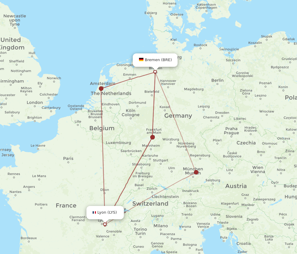 BRE to LYS flights and routes map