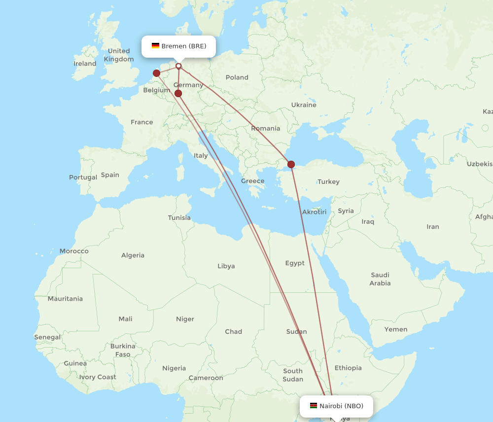 BRE to NBO flights and routes map