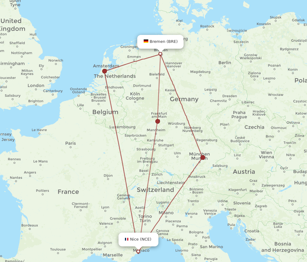 BRE to NCE flights and routes map