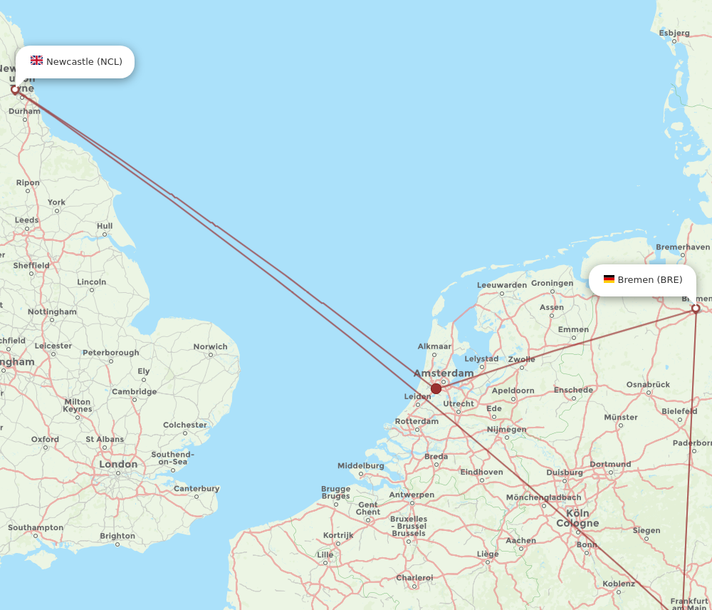 BRE to NCL flights and routes map