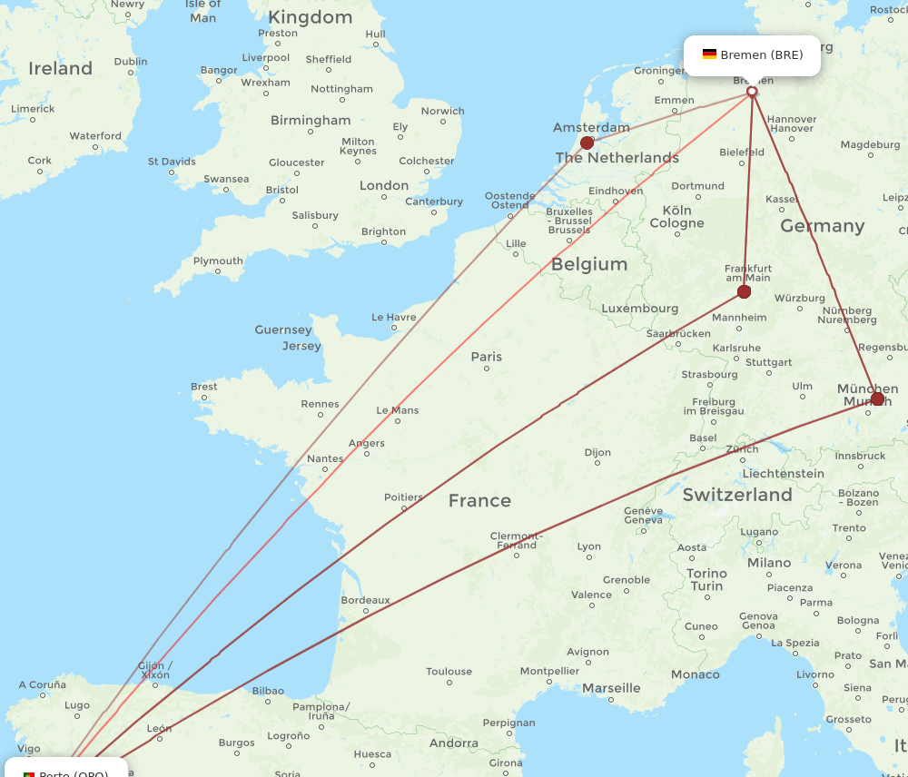 BRE-OPO flight routes