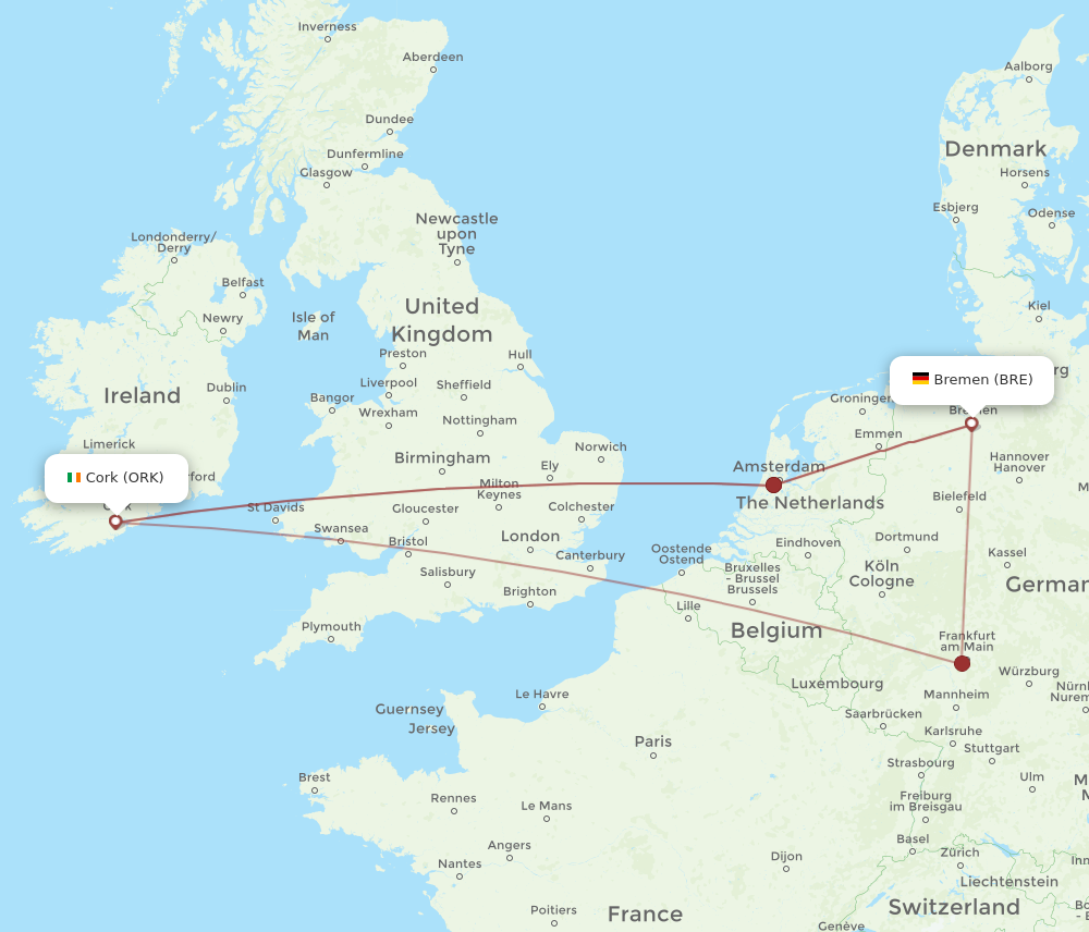 BRE to ORK flights and routes map