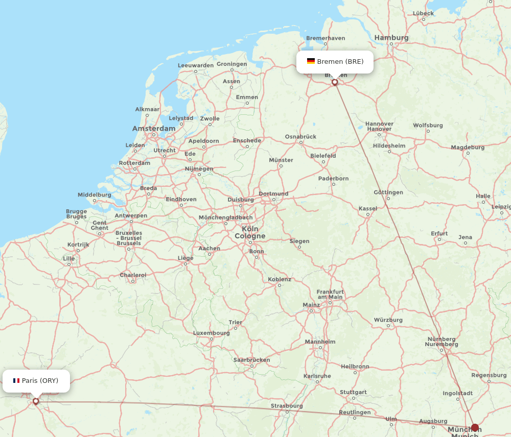 BRE to ORY flights and routes map