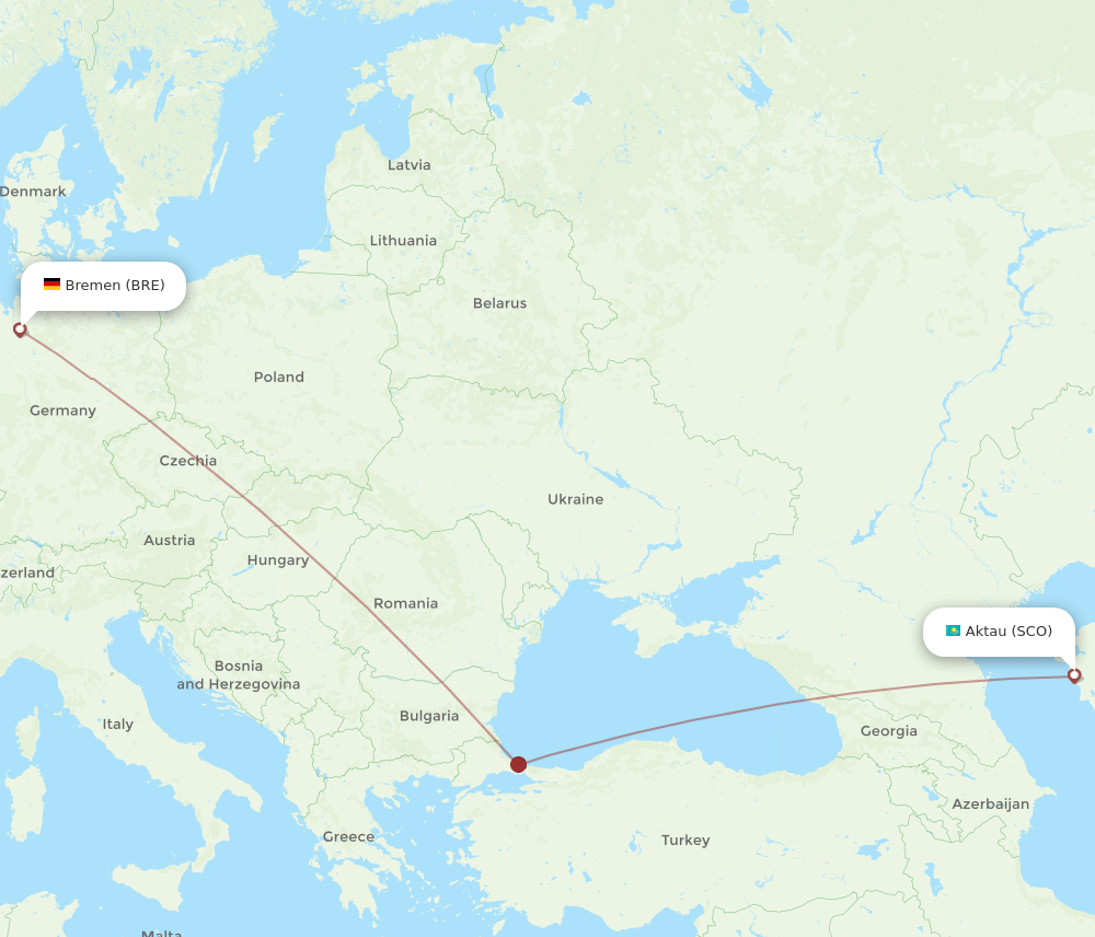 Aktau - Bremen route map and flight paths