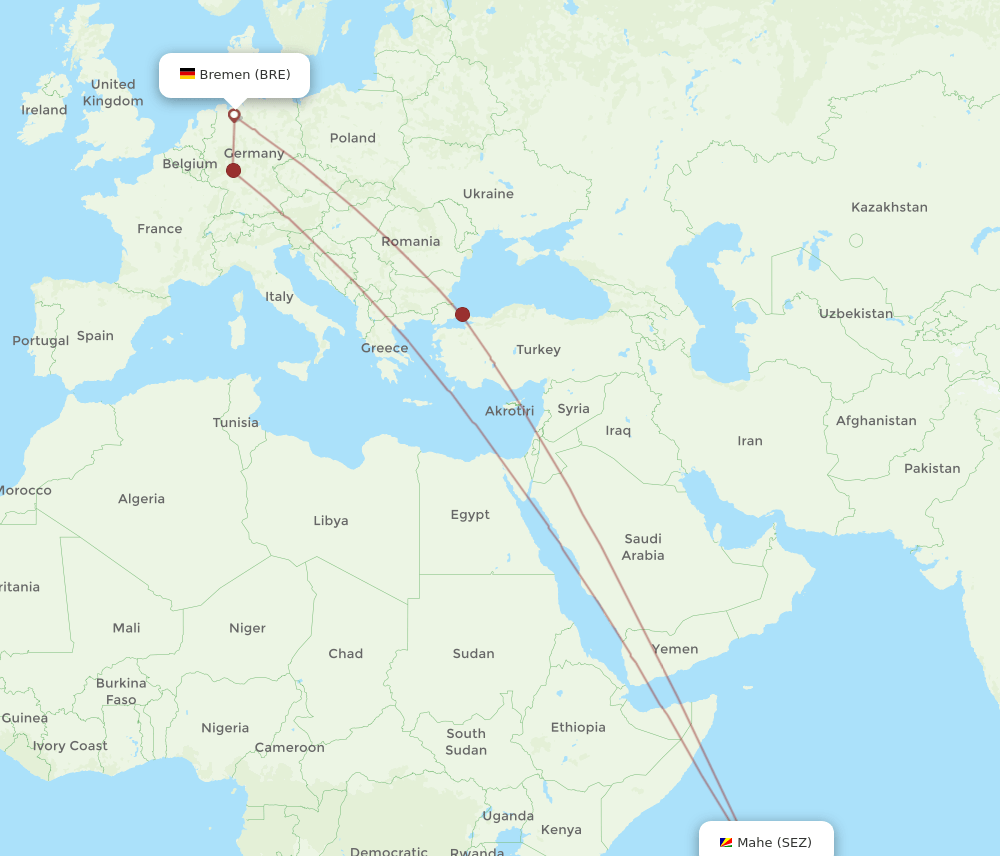 BRE to SEZ flights and routes map