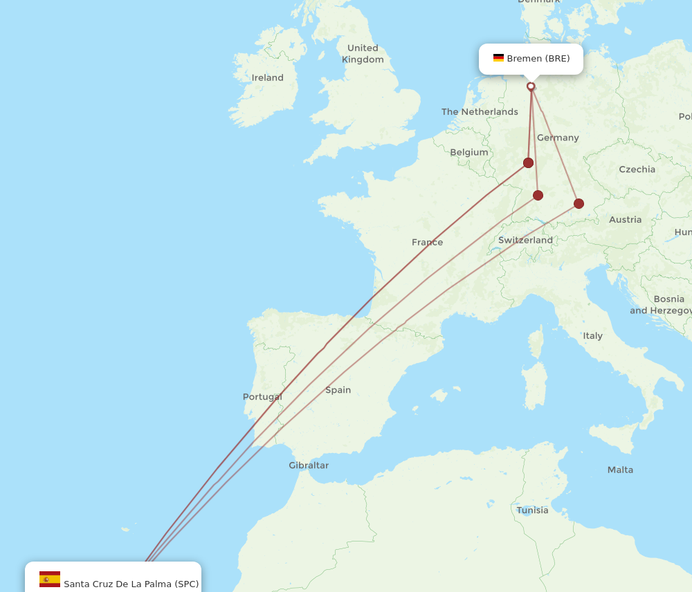 BRE to SPC flights and routes map