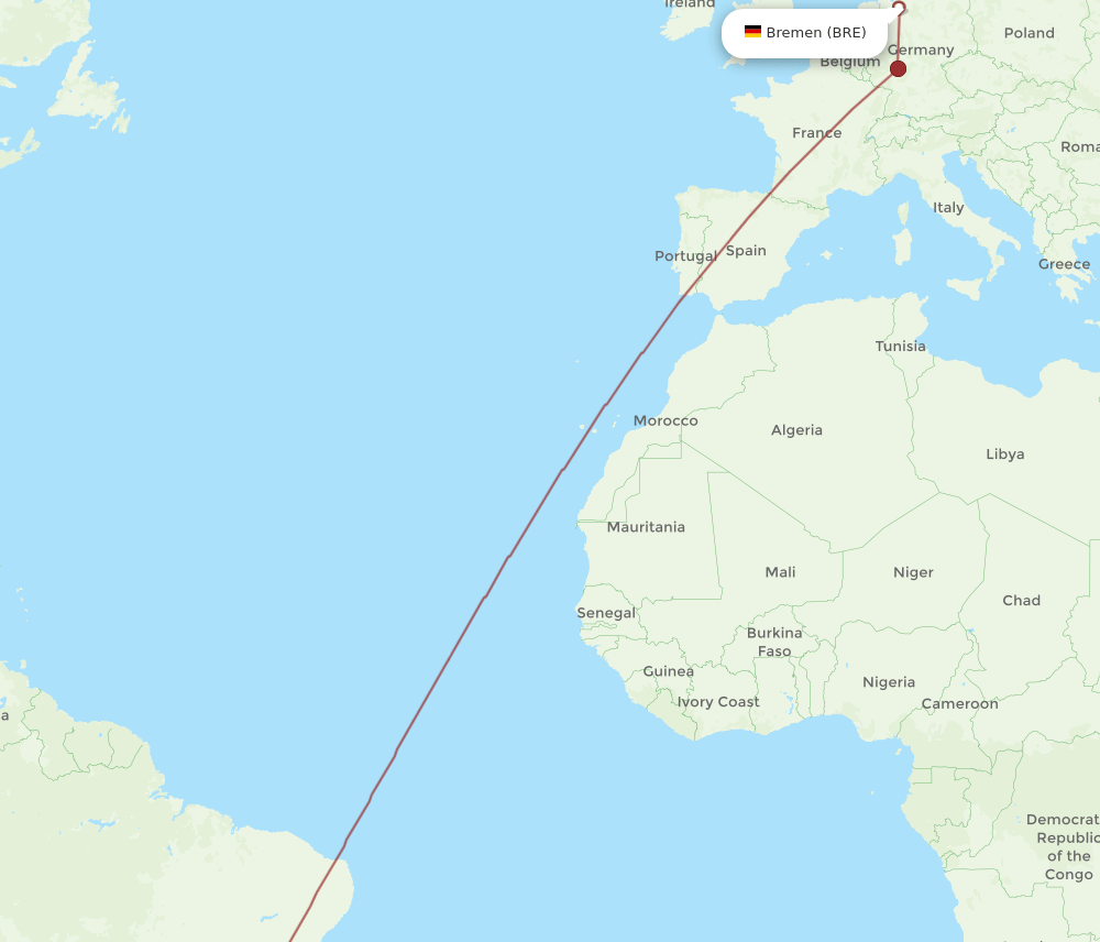 Bremen - Campinas route map and flight paths