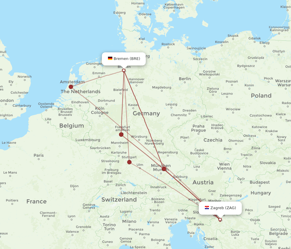 BRE-ZAG flight routes