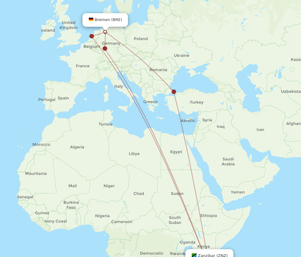BRE to ZNZ flights and routes map