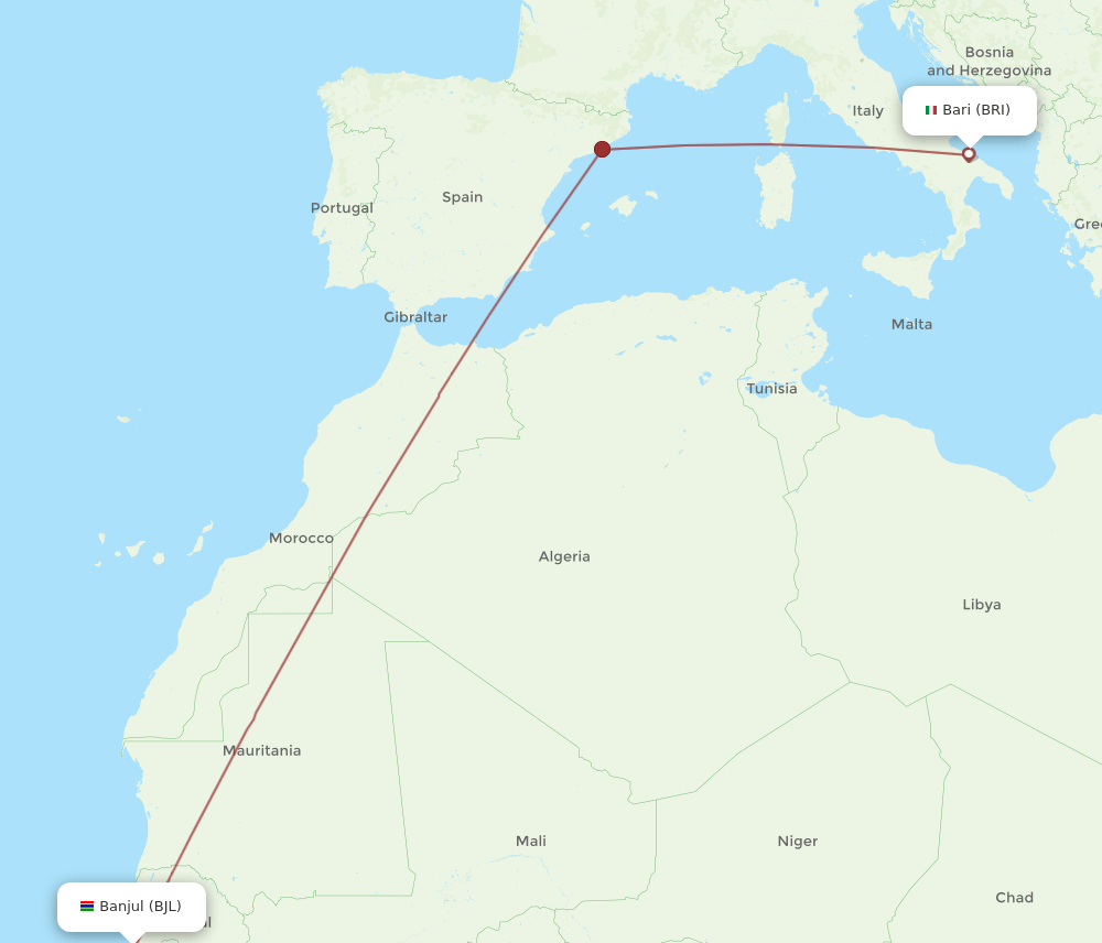 Banjul - Bari route map and flight paths
