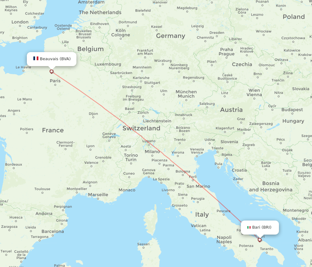 Bari - Paris route map and flight paths