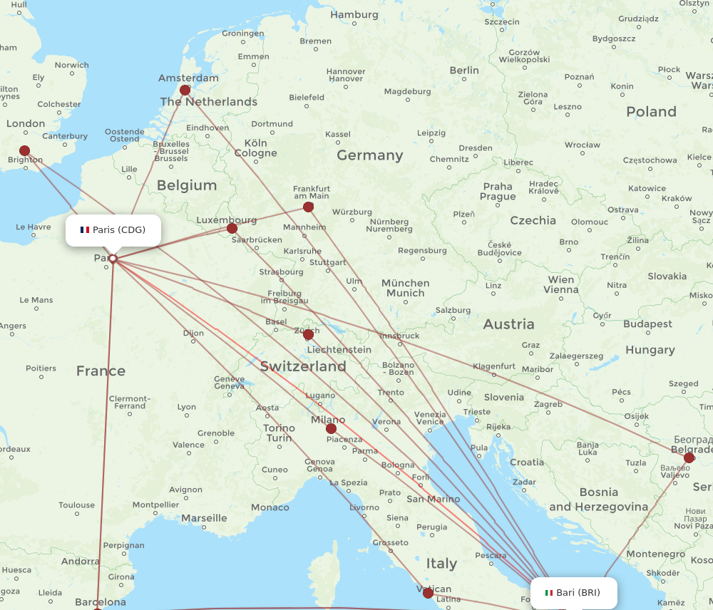 BRI to CDG flights and routes map
