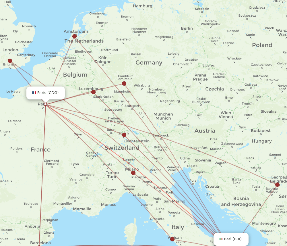 BRI-CDG flight routes