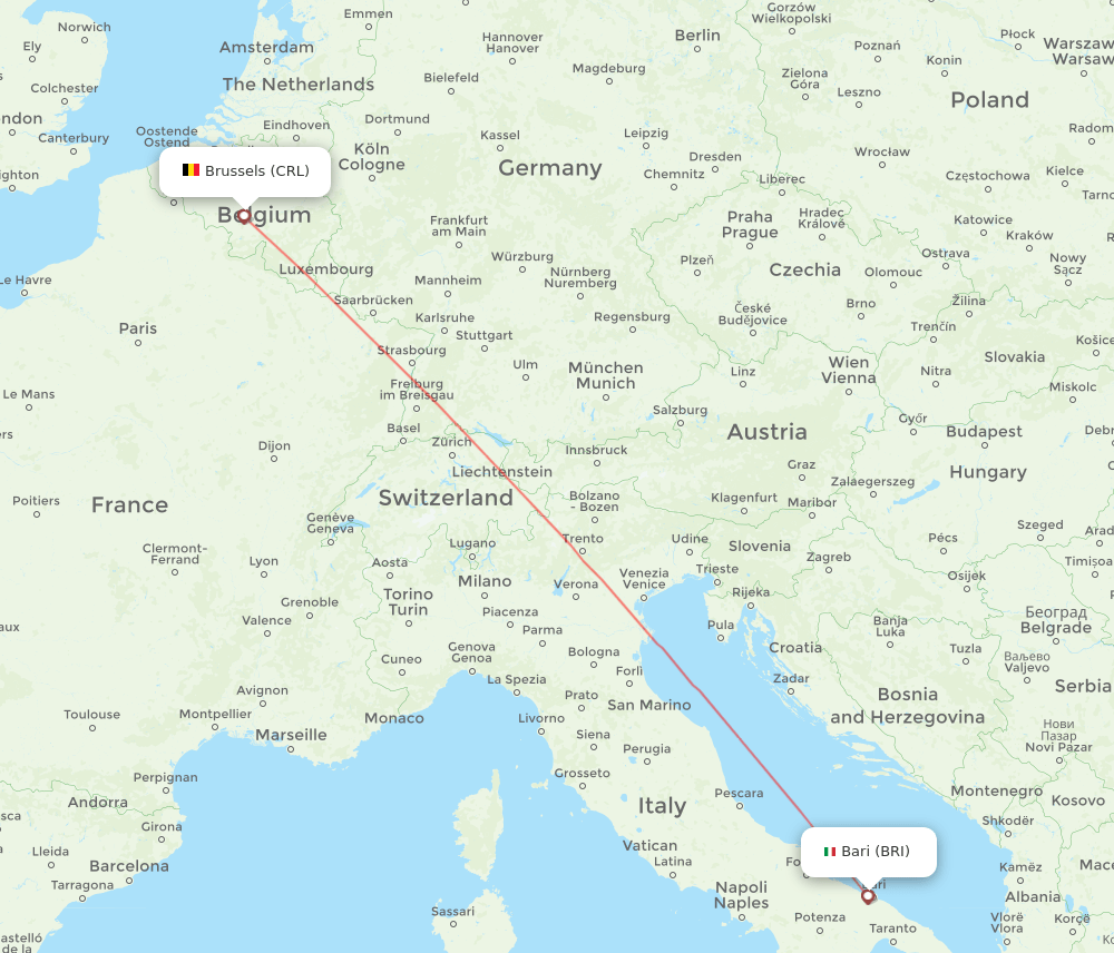 Bari - Brussels route map and flight paths