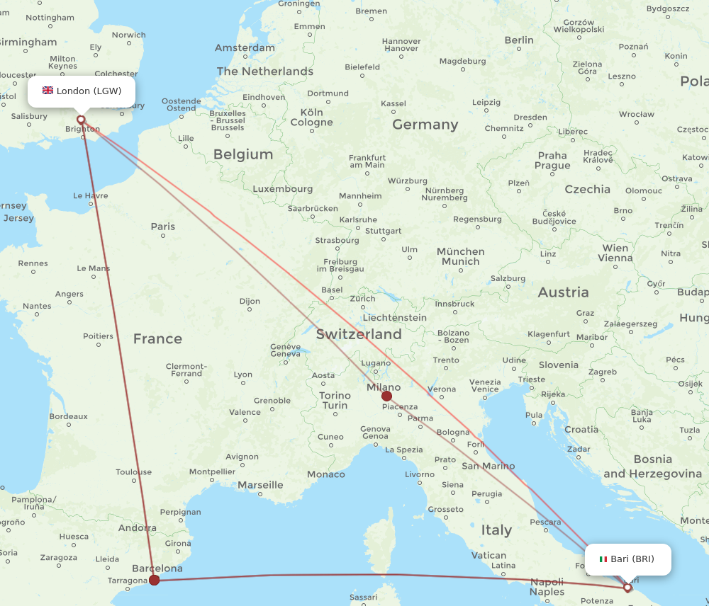 BRI to LGW flights and routes map