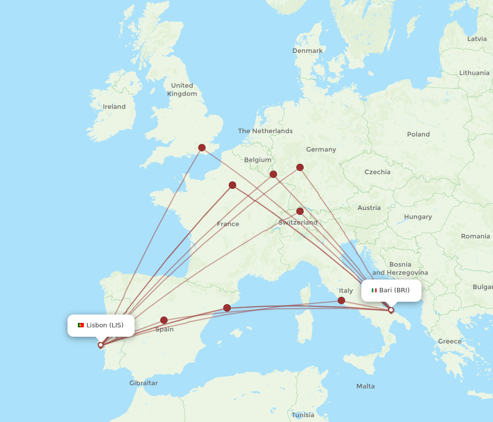 BRI-LIS flight routes