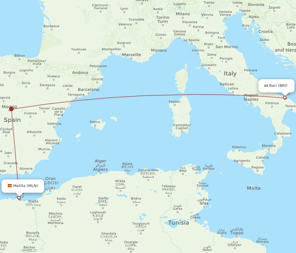BRI-MLN flight routes