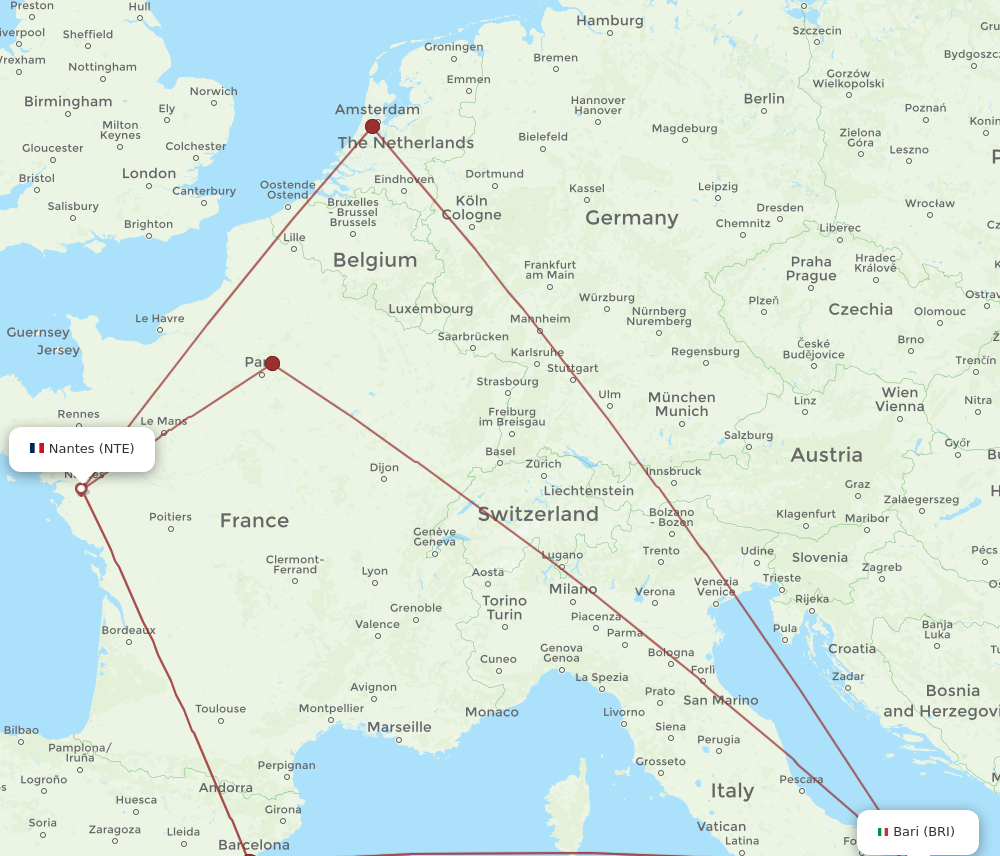 BRI to NTE flights and routes map
