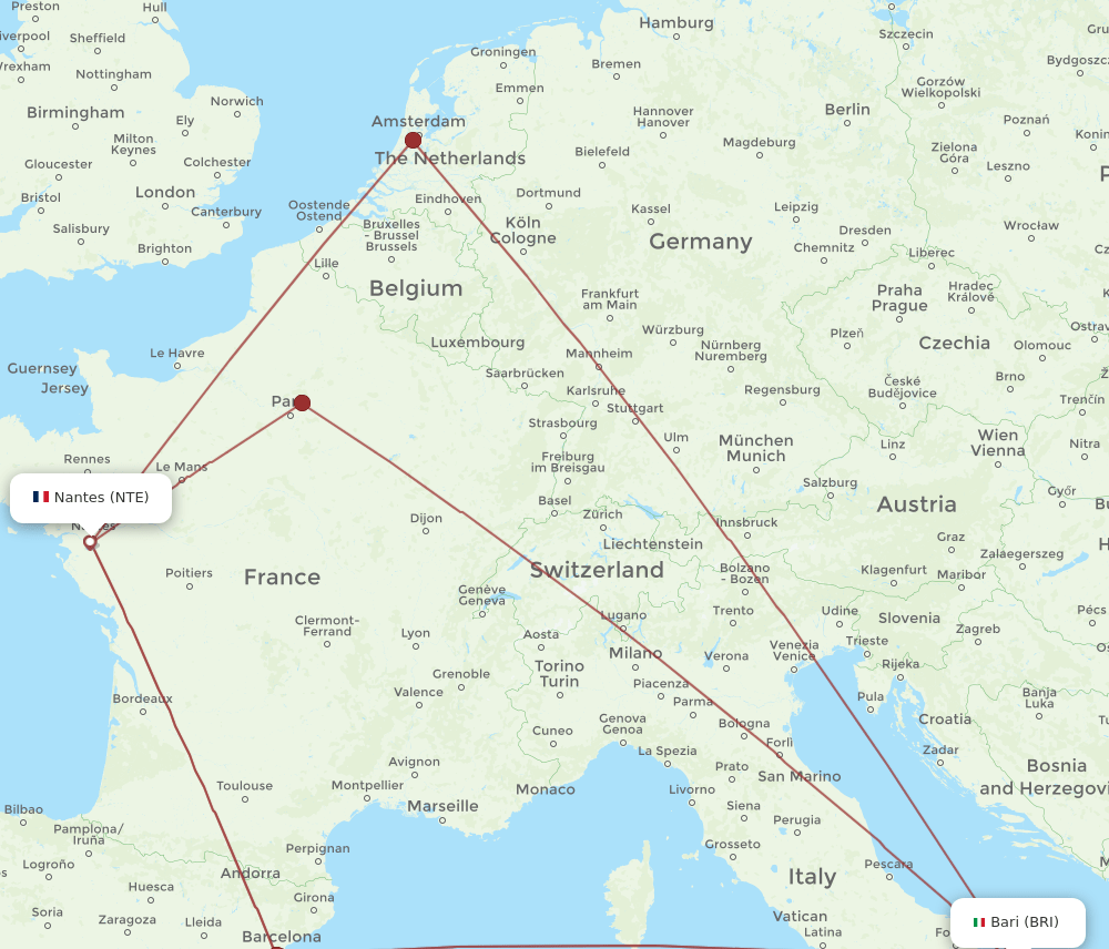 BRI to NTE flights and routes map