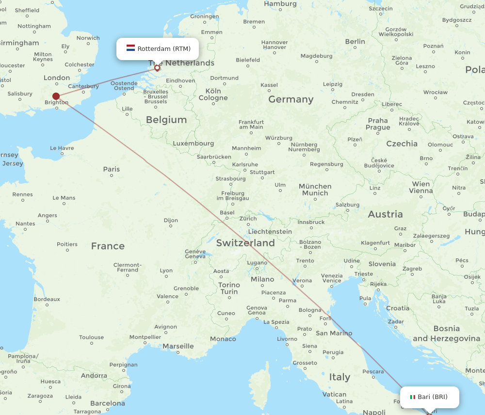 Rotterdam - Bari route map and flight paths