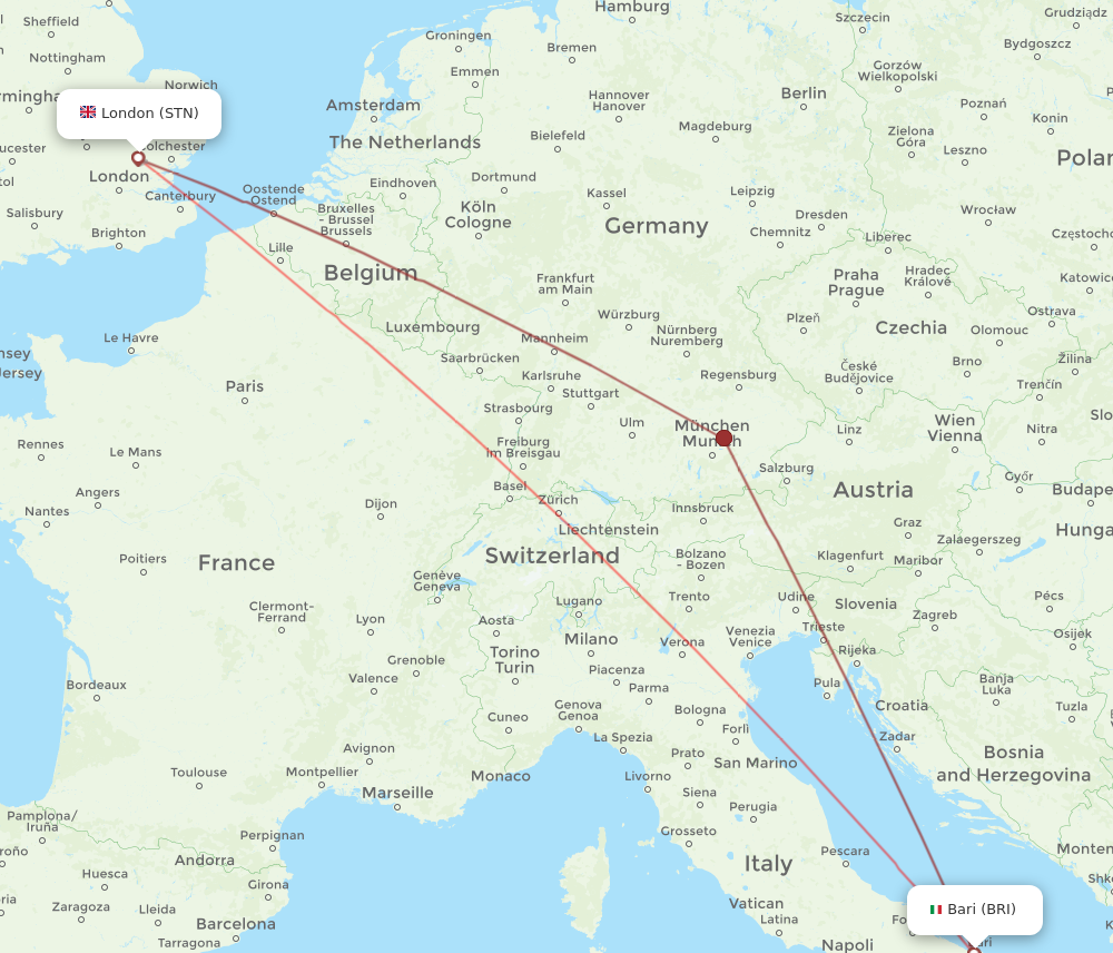 BRI to STN flights and routes map