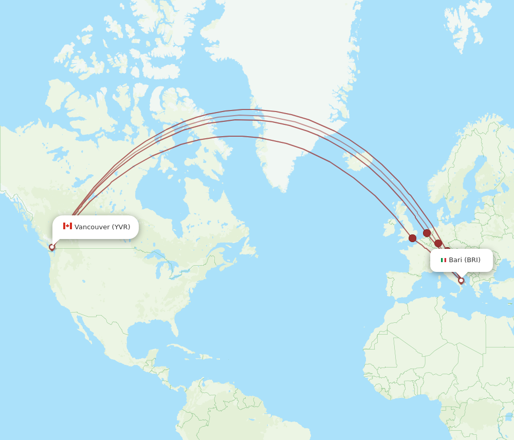 YVR to BRI flights and routes map
