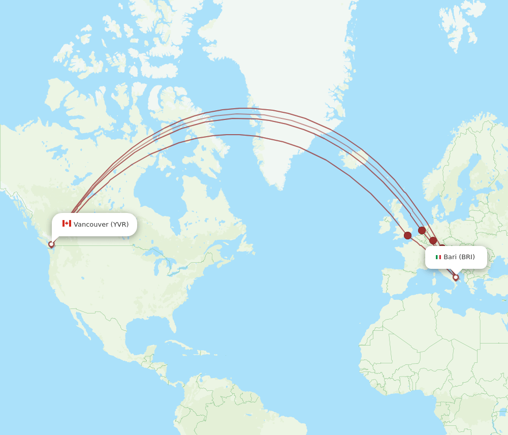 Vancouver - Bari route map and flight paths