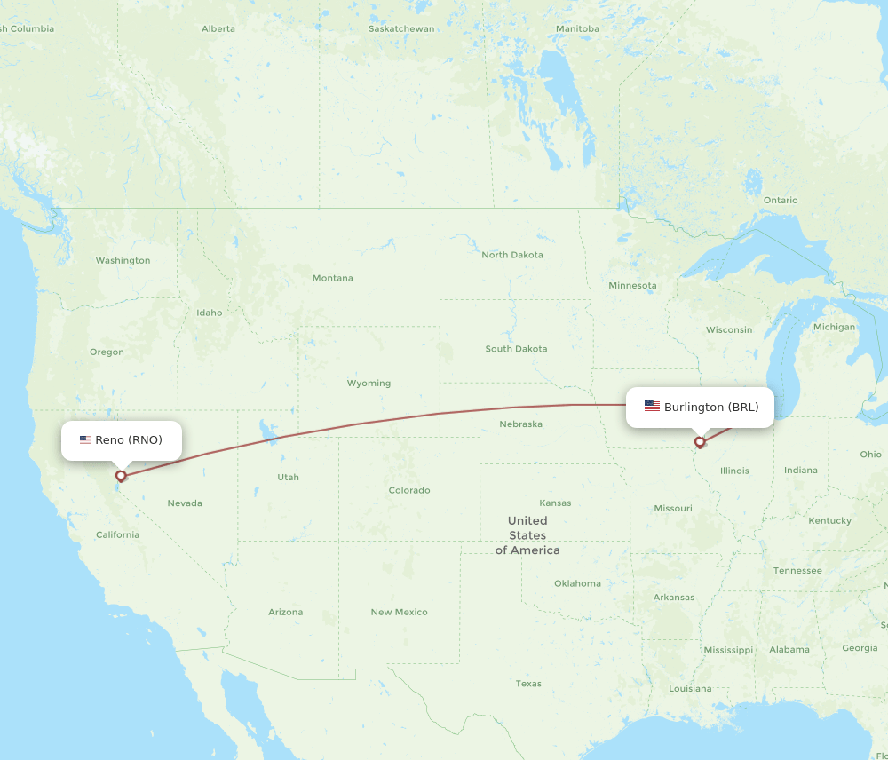 Burlington - Reno route map and flight paths