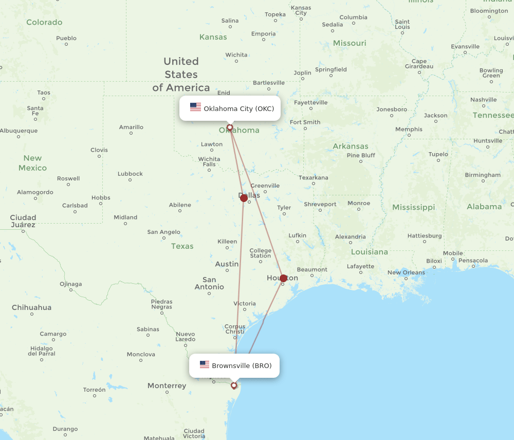 BRO to OKC flights and routes map