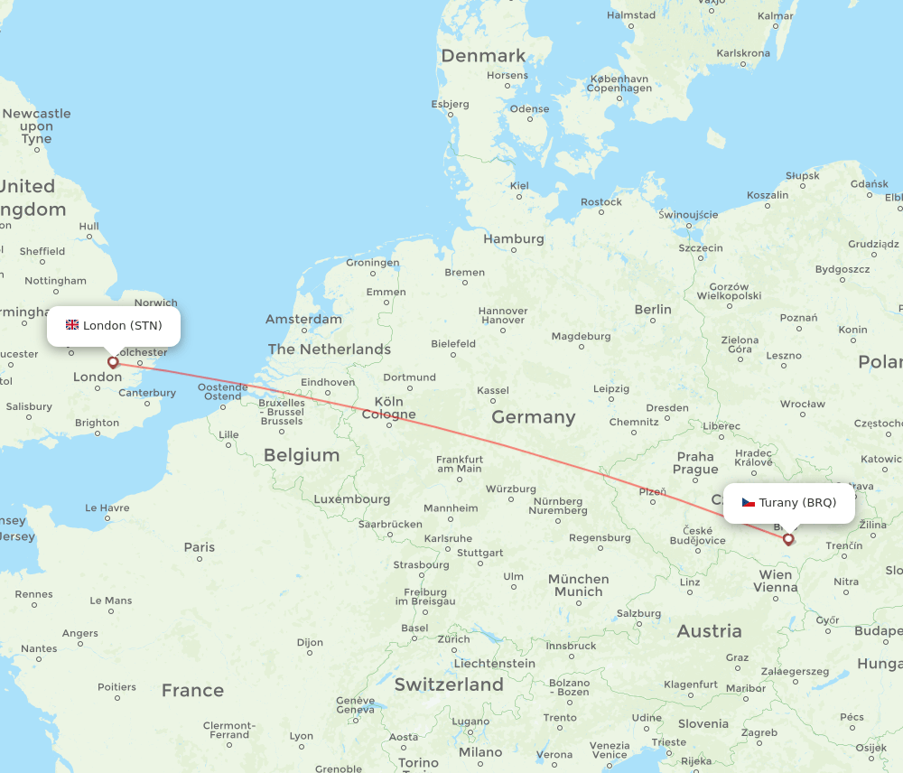 Brno - London route map and flight paths