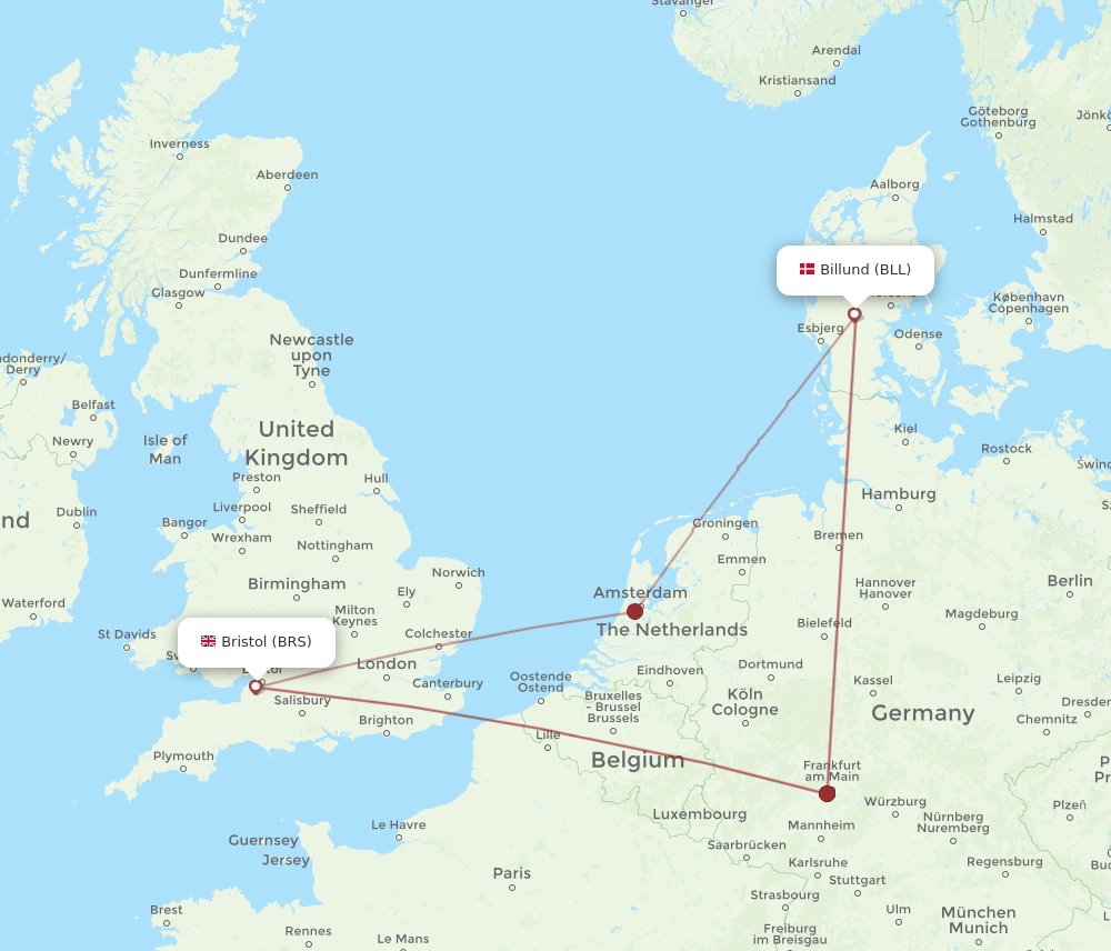 BRS to BLL flights and routes map