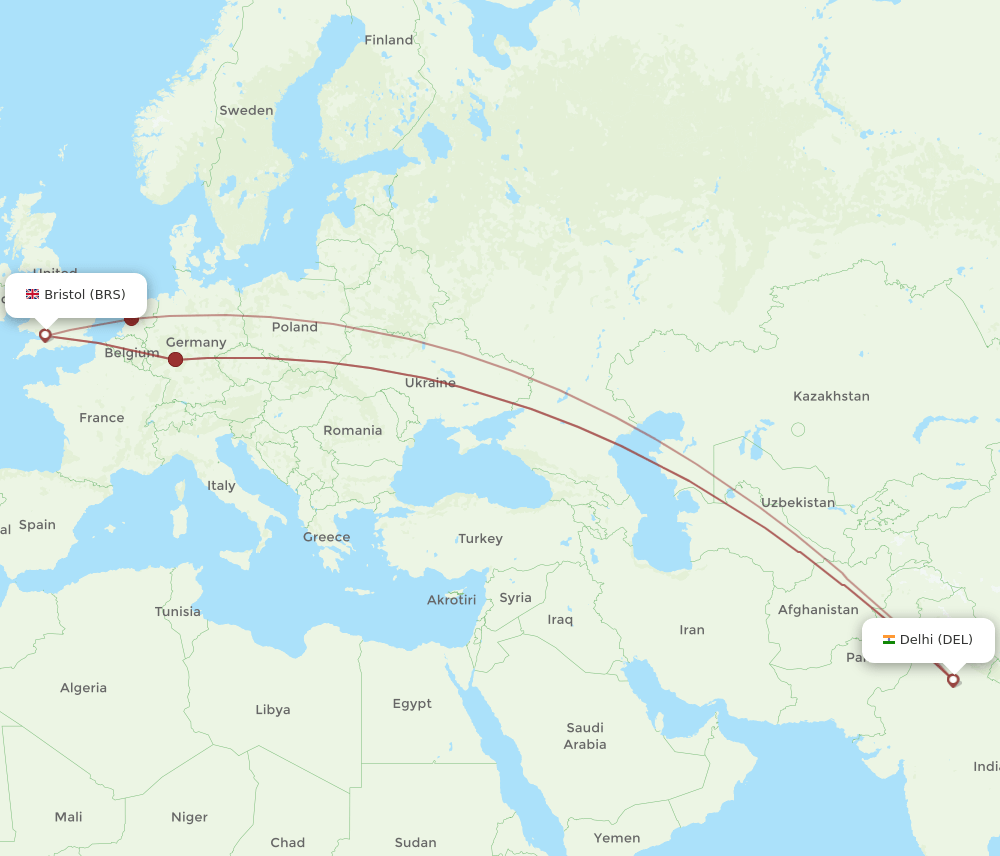 BRS to DEL flights and routes map