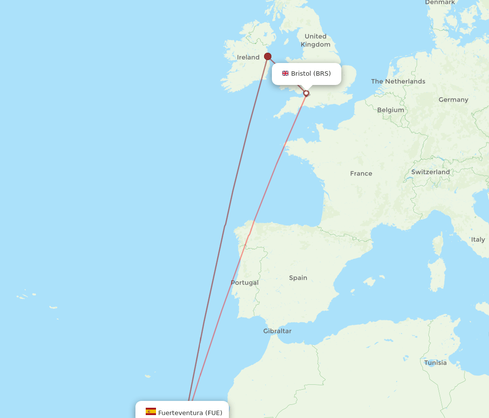 Bristol - Puerto del Rosario route map and flight paths