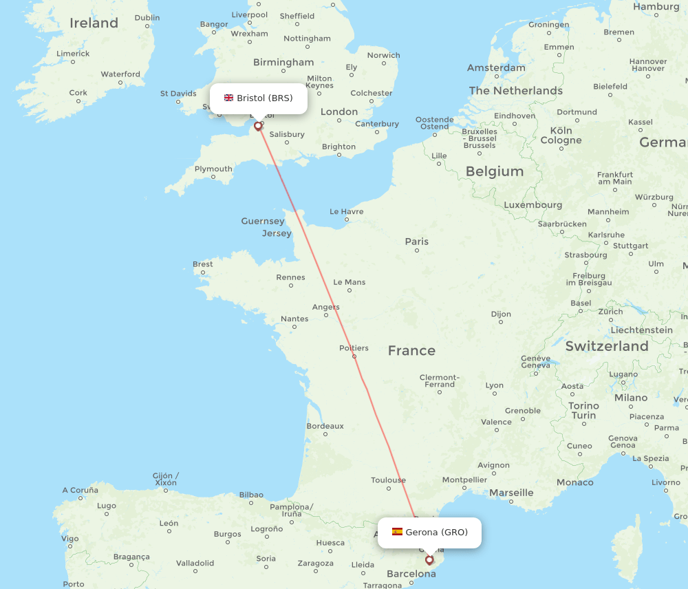 Bristol - Girona route map and flight paths