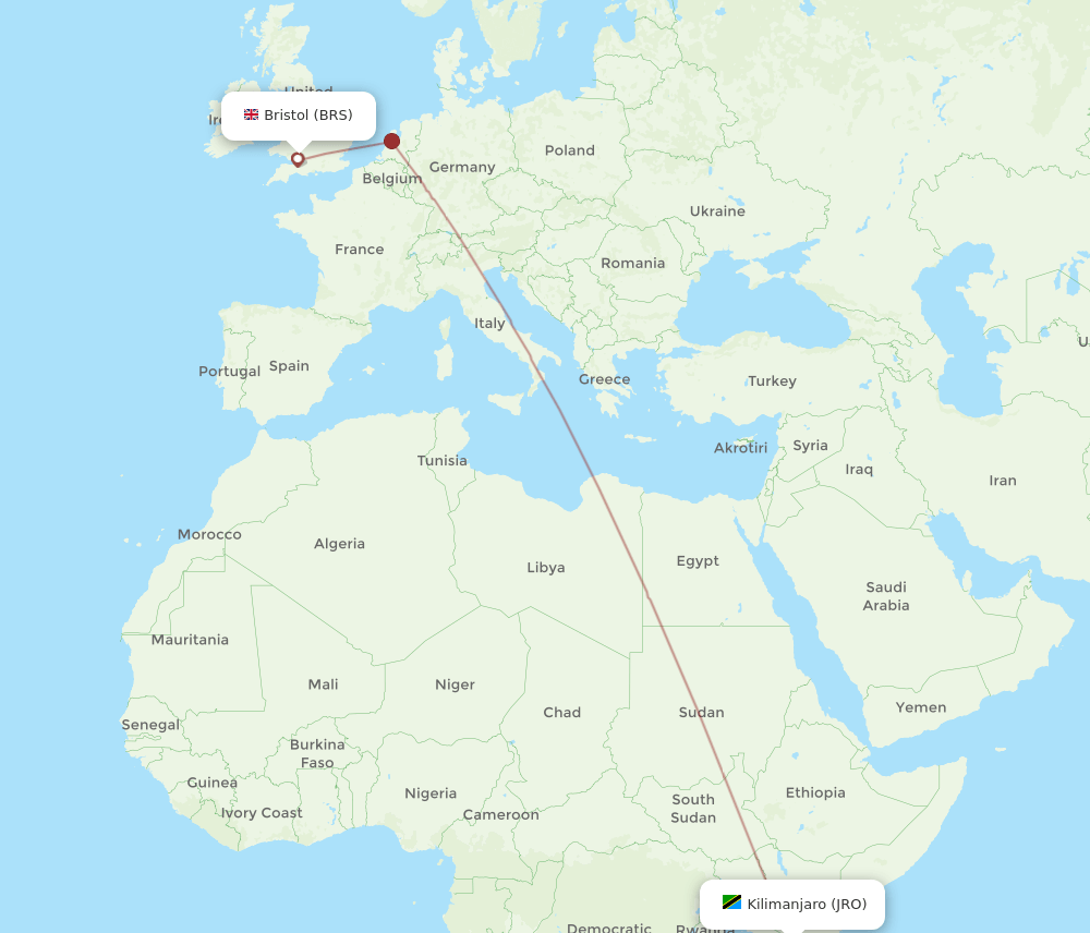 Kilimanjaro - Bristol route map and flight paths